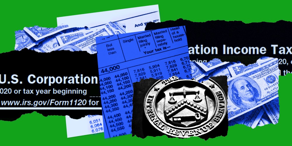 Photo illustration: Pieces of paper reveal images of dollar bills, Income Tax filing papers and the seal of the Internal Revenue Service.