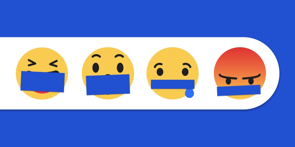 Photo illustration: Blue tape over the mouths of the Facebook reaction emojis.
