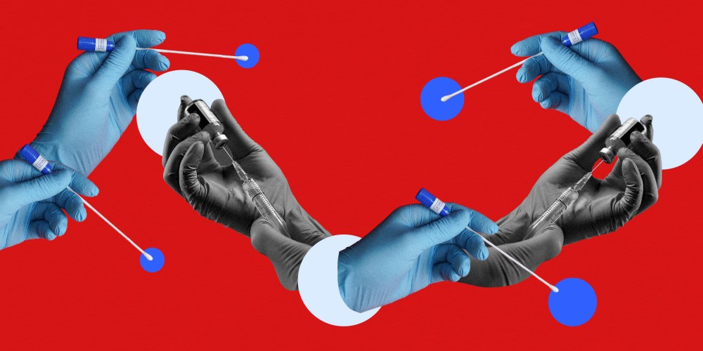 Photo illustration: Gloved hands holding Coronavirus testing swabs and hands pulling syringes out of vials handoverlapping each other to form a chain.