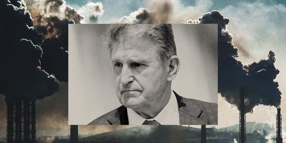 Photo illustration of smoke stacks at a coal plant and Sen. Joe Manchin, D-W.Va.