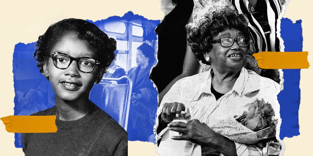 Photo illustration: Overlapping pieces of paper show a portrait of a young Claudette Colvin from 1954, image of Rosa Parks sitting and a present day image of Colvin.