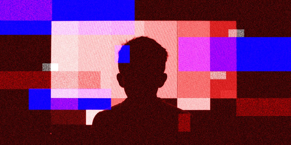 Photo illustration: A silhouette of a person in front of static screen.