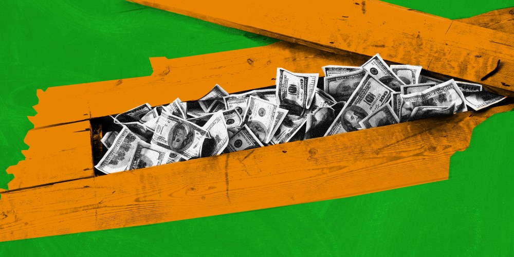 Photo illustration: Money stashed under a floorboard inside the state map of Tennessee.