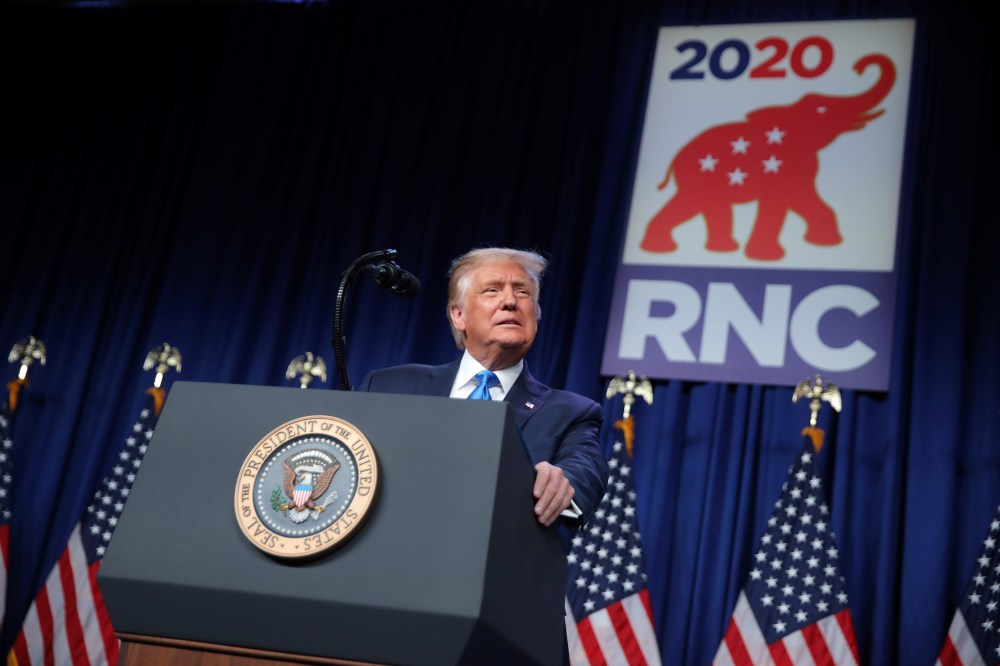 President Donald Trump addresses the first day of the Republican National Convention on Aug. 24, 2020.