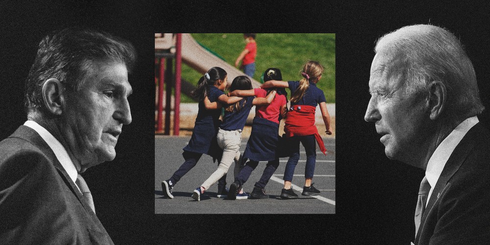Photo Illustration of Sen. Joe Manchin, children at a playground and President Joe Biden.