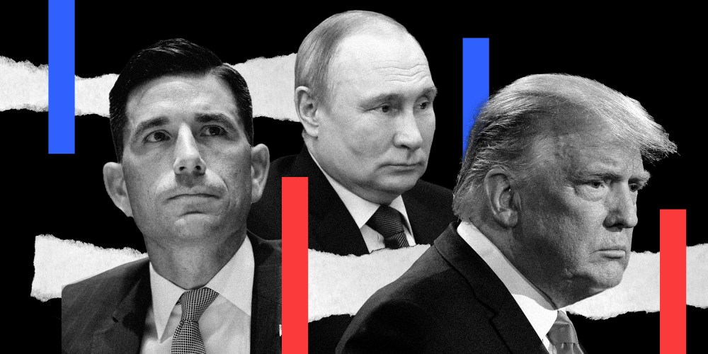 Photo illustration:  Images of Vladimir Putin between Chad Wolf and Donald Trump over torn pieces of paper.