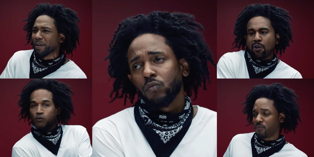 Photo collage with stills from Kendrick Lamar's video with him in the centre and him morphed as Jussie Smollett, O.J. Simpson, Ye, formerly Kanye West, and Will Smith on either sides.