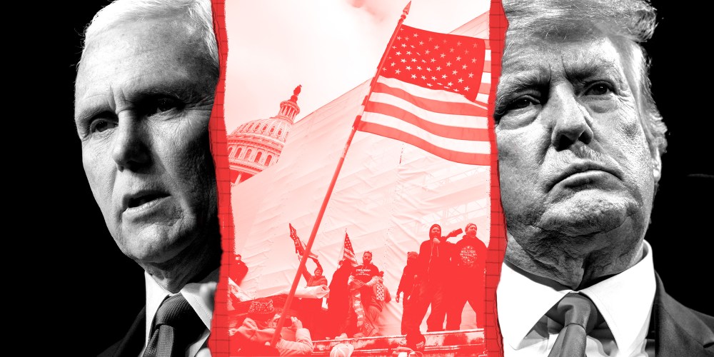 Photo illustration: Images of Mike Pence, rioters outside the Capitol on January 6 waving a flag and of Donald Trump.