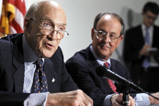 File photo: President Barack Obama's Debt Commission co-chairmen, Erskine Bowles right, and former Wyoming Sen. Alan Simpson,  take part in a news conference on Capitol Hill in Washington Tuesday, Nov. 30, 2010. (AP Photo/Alex Brandon)