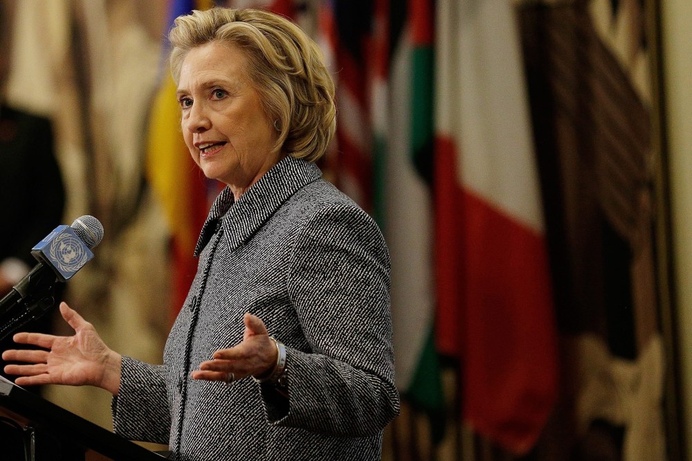 Former United States Secretary of State Hillary Clinton speaks to the media in regards to her use of a private email server while serving as Secretary of State in New York, on March 10, 2015.