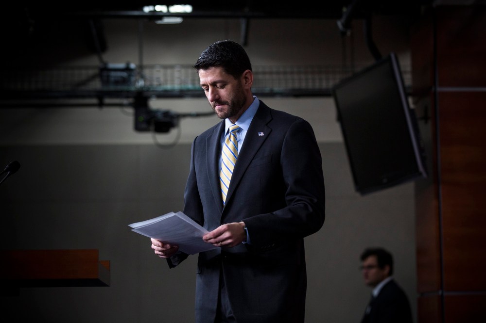Speaker of the House Paul Ryan (R-Wis.) prepares to speak at his weekly media briefing inn the U.S. Capitol in Washington, D.C., on Dec. 10 2015. (Photo by Jim Lo Scalzo/EPA)