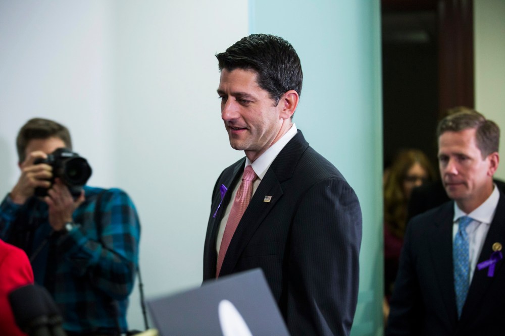 Republican Speaker of the House from Wisconsin Paul Ryan prepares to speak to the media about his upcoming meeting with Donald Trump, in the US Capitol in Washington, DC, May 11, 2016. (Photo by Jim Lo Scalzo/EPA)