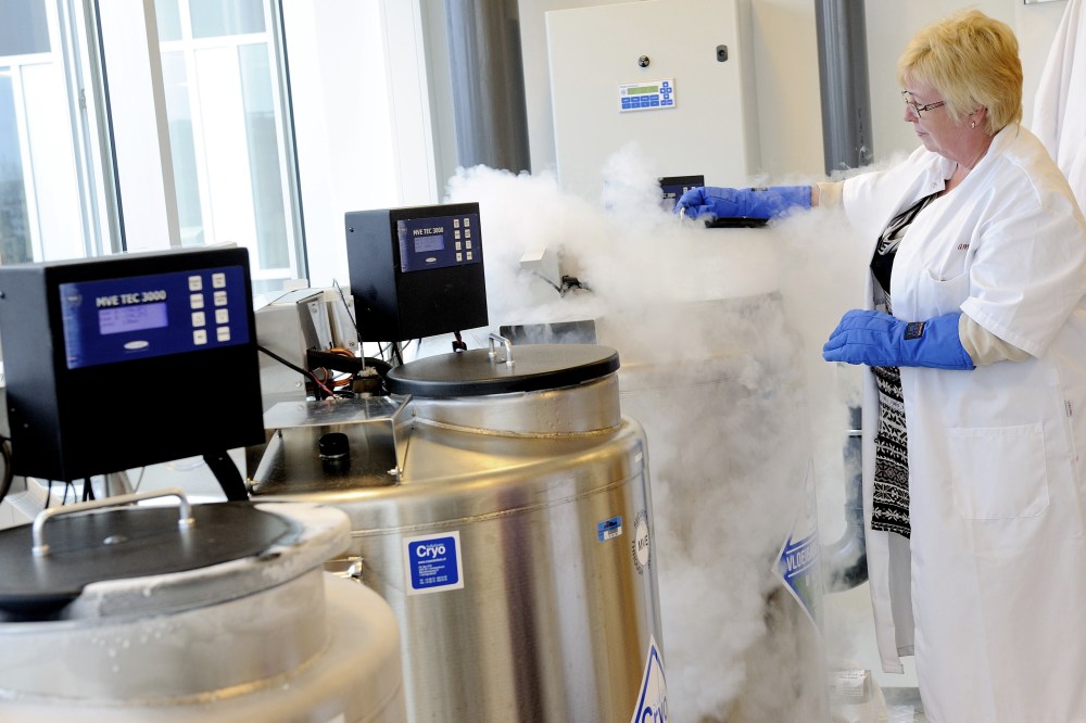 A technician opens a vessel containing women's frozen egg cells on April 6, 2011 in Amsterdam.