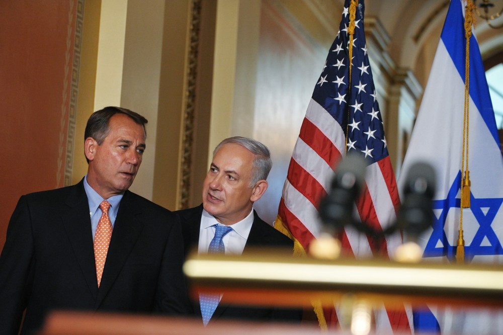 John Boehner, R-OH, and Israeli Prime Minister Benjamin Netanyahu make their way to the lectern to deliver statements, May 24, 2011 at the US Capitol in Washington, D.C. (Photo by Mandel Ngan/AFP/Getty)