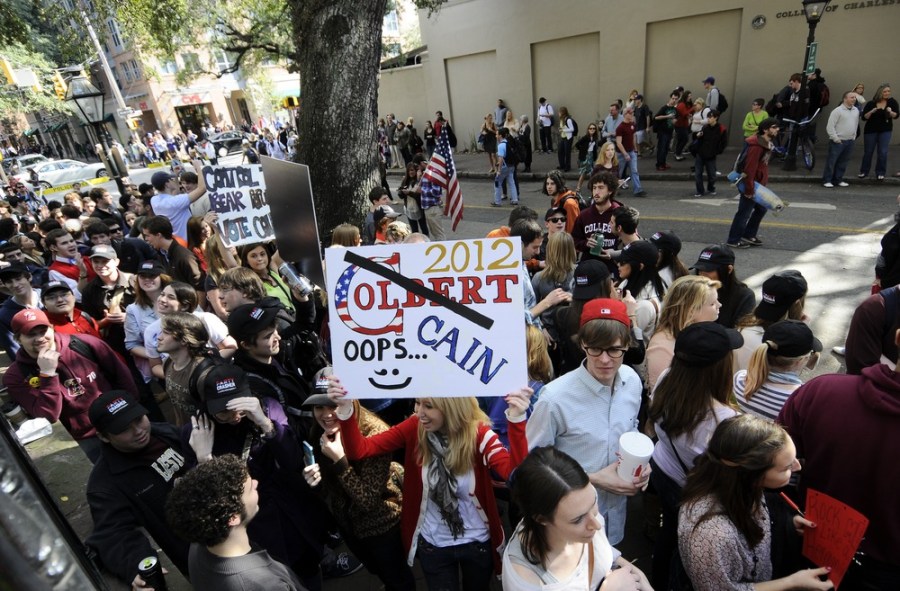 A Stephen Colbert fan shows her support during the comedian's rally in Charleston, S.C., on Friday.