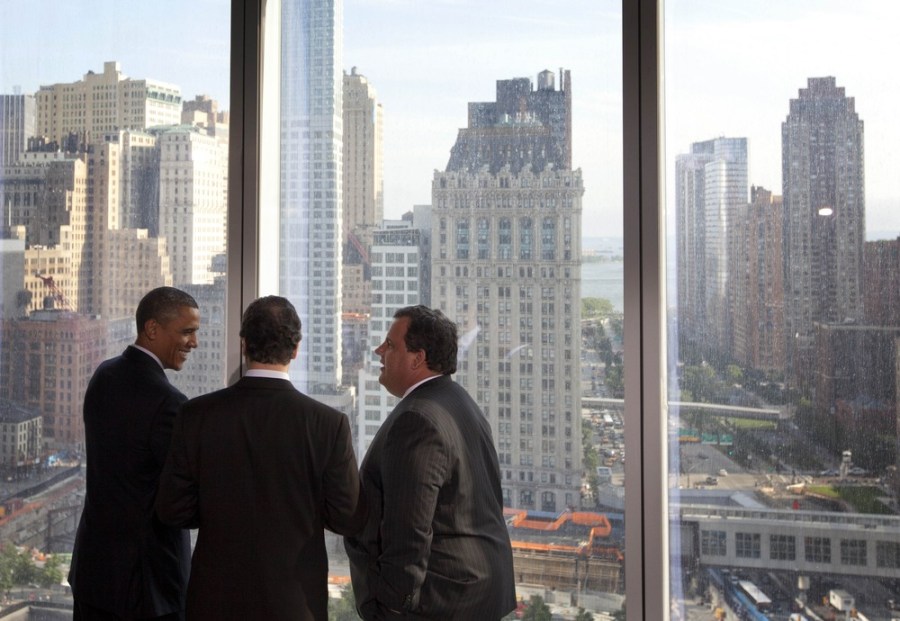 President Barack Obama, New York Gov. Andrew Cuomo (center) and New Jersey Gov. Chris Christie, talk as they look over the 9/11 Memorial in New York.