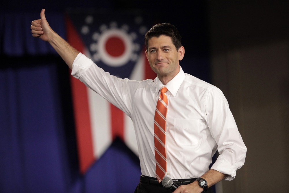 Republican vice presidential candidate, Rep. Paul Ryan gives a thumbs up to supporters at the Veterans Memorial Civic & Convention Center in Lima, Ohio on Monday, Sept. 24.