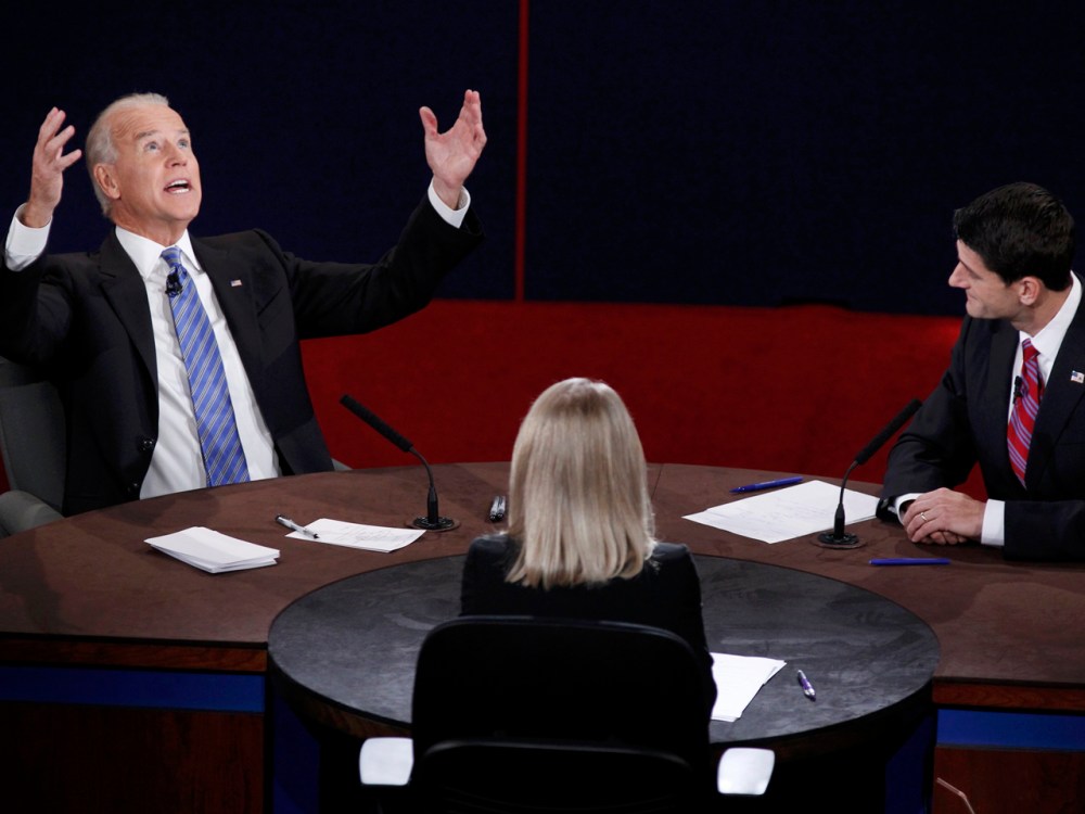 Vice President Biden makes a point in front of Rep. Paul Ryan at the vice presidential debate on Thursday, Oct. 11 (Photo: Reuters/Jeff Haynes)