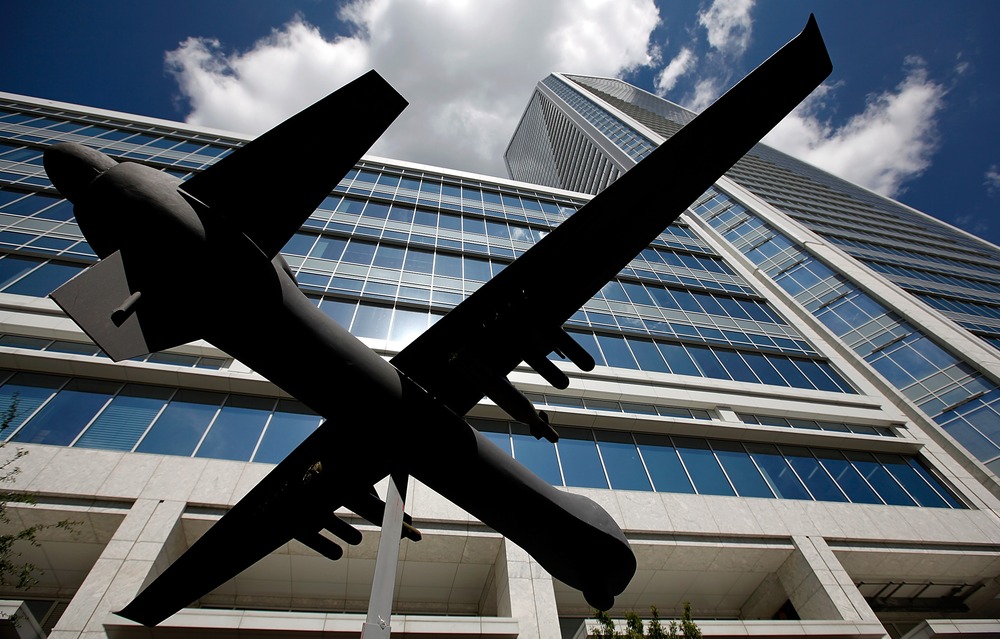 A model of a drone aircraft sits outside Duke Energy headquarters in Uptown, the Charlotte the business district, before the start of the Democratic National Convention (DNC) September 2, 2012 in Charlotte, North Carolina.