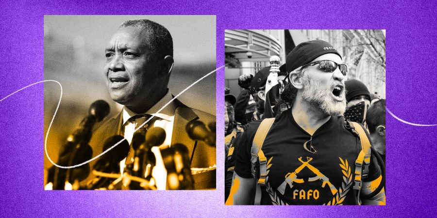 Photo illustration of DC Attorney General Karl Racine and a Proud Boys member.