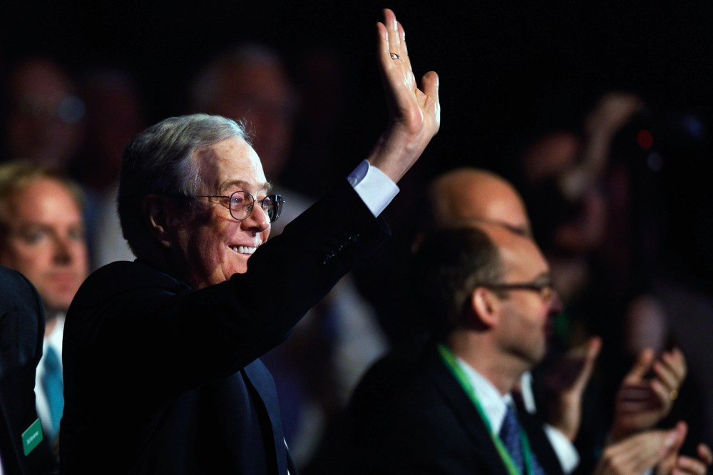 Americans for Prosperity Foundation chairman and Koch Industries Executive Vice President David H. Koch waves during an event on Nov. 4, 2011 in Washington DC. (Photo by Chip Somodevilla/Getty)