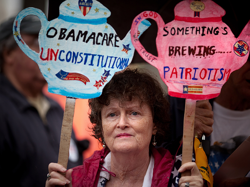 Carlene Cahill of Petersburg, Va., holds up a set of signs she made during a Tea Party Patriots' "Road To Repeal Rally" on a rainy day March 24, 2012, in Washington, DC. (Photo by Allison Shelley/Getty Images)