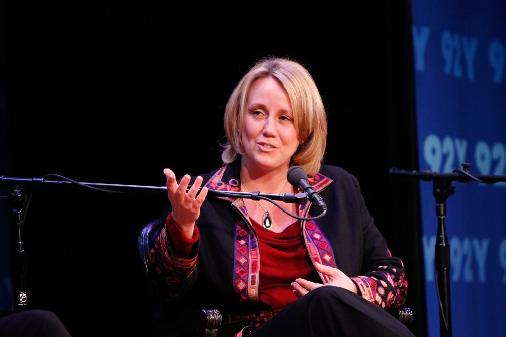 President of EMILY's list Stephanie Schriock attend Women In Politics Panel With Chelsea Clinton on March 28, 2012.