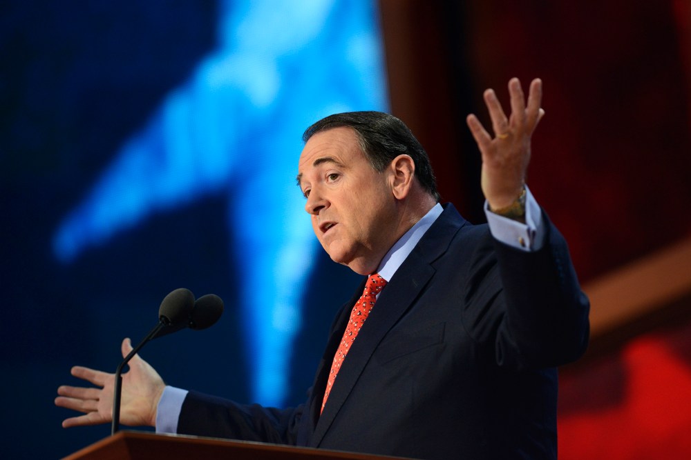 Former US presidential contender Mike Huckabee speaks during the third day of the 2012 Republican national Convention at the Tampa Bay Times Forum on Aug. 29, 2012 in Tampa, Fla.