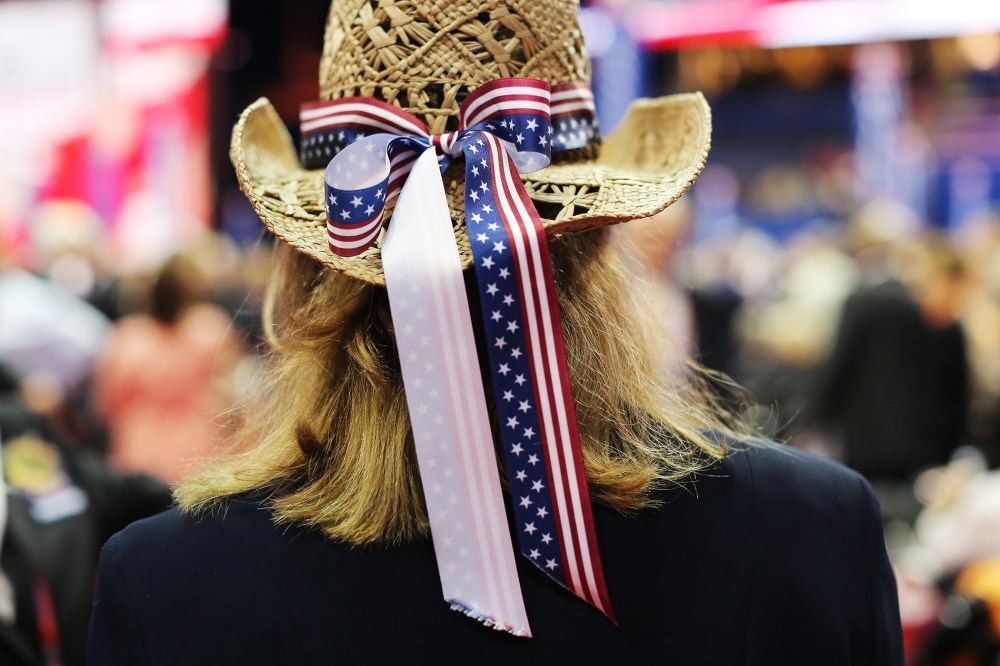 A woman wears a cowboy hat with a patriotic bow during the final day of the Republican National Convention, Aug. 30, 2012 in Tampa, Fla.