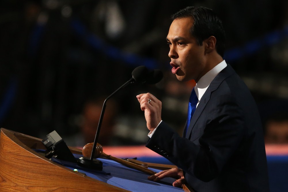 San Antonio Mayor Julian Castro gives the keynote address on stage during day one of the Democratic National Convention Sept. 4, 2012 in Charlotte, North Carolina.