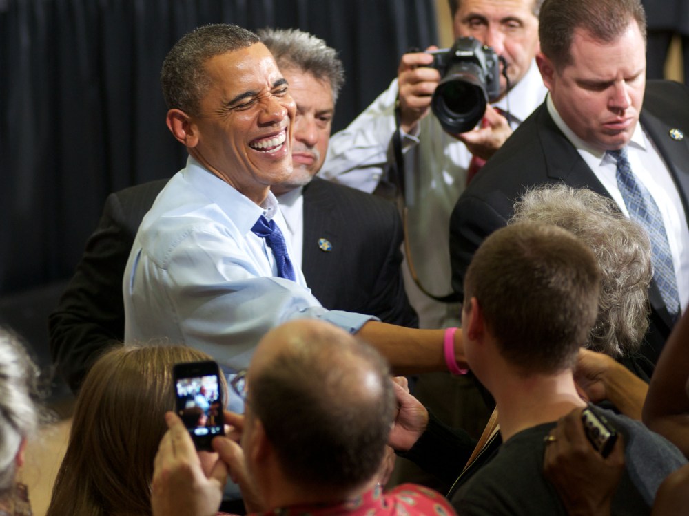 U.S. President Barrack Obama greets supporters during a rally at the Richard and Norma Small Multi-Sports Center Gym at Cornell College on October 17, 2012 in Mount Vernon, Iowa. President Obama visited the college campus in Iowa, a state that is still...
