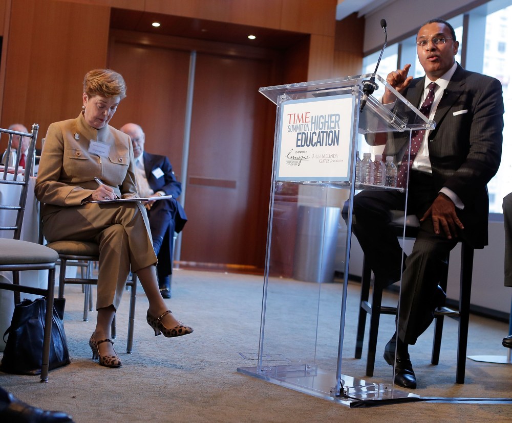 NEW YORK, NY - OCTOBER 18:  President of the University of Maryland, Baltimore County Freeman A. Hrabowski the 3rd speaks during the "From Acceptance Letter to Diploma:Ensuring Access and Success" panel during the TIME Summit On Higher Education on...