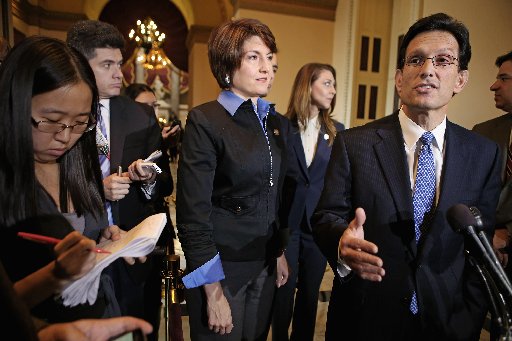 House of Representatives Majority Leader Eric Cantor (R-VA) and other House Republicans speak with reporters after the House passed the STEM Jobs Act November 30, 2012 in Washington, DC.  (Photo by Chip Somodevilla/Getty Images)