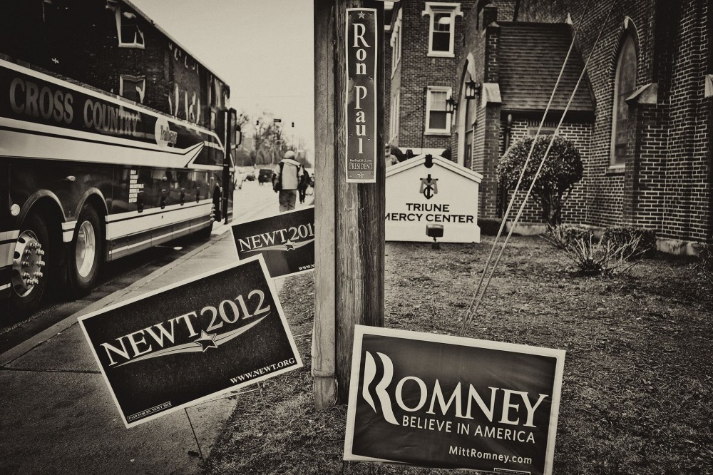 Campaign signs are seen in Greenville, South Carolina, during the 2012 Republican Primaries, Jan. 21, 2012.
