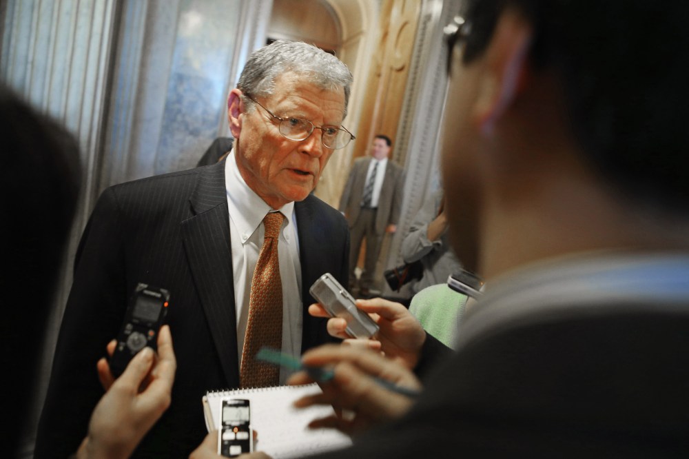 Senate Armed Service Committee ranking member Sen. James Inhofe talks with reporters at the U.S. Capitol February 14, 2013 in Washington, DC.