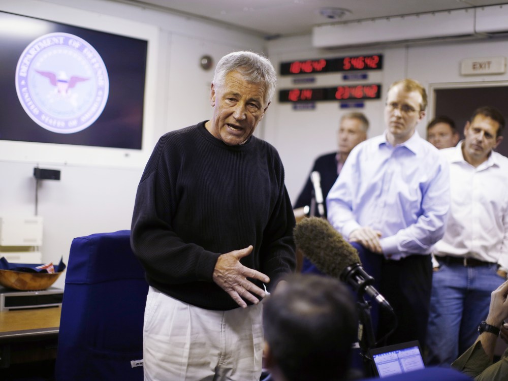 Hagel spoke to the traveling press aboard his military aircraft between Andrews Air Force Base and Manas Air Force Base, Kyrgyzstan, en route to Afghanistan. (Photo by Jason Reed-Pool/Getty Images)