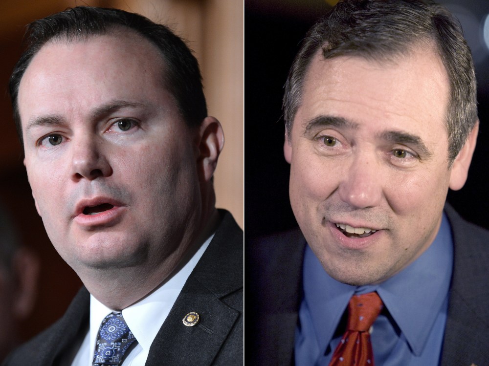 This digital composite shows file photos: (L): Senator Mike Lee, R-UT, speaks during a press conference on defunding "Obamacare" March 13, 2013. (Photo by Jewel Samad/AFP/Getty Images) (R): Democratic Senator Jeff Merkley from Portland, Ore., on...