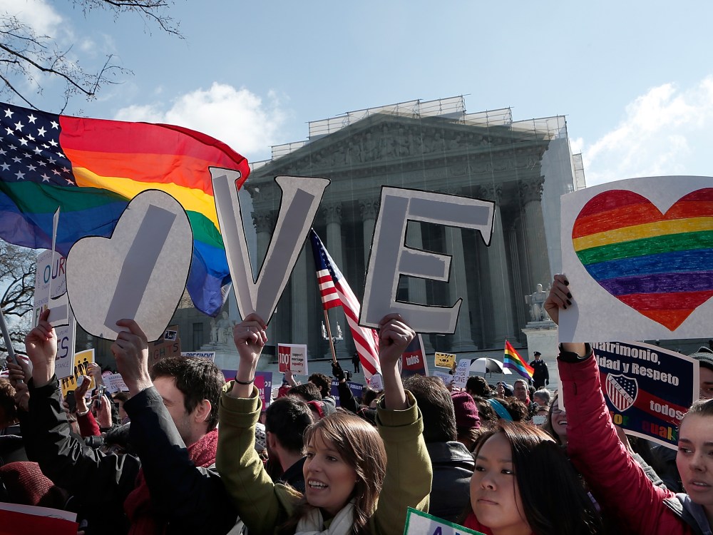 WASHINGTON, DC - MARCH 26:  Equal rights supporters demonstrate in front of the U.S. Supreme Court on March 26, 2013 in Washington, DC. The Supreme Court is hearing arguments March 26, in California's proposition 8, the controversial ballot initiative...
