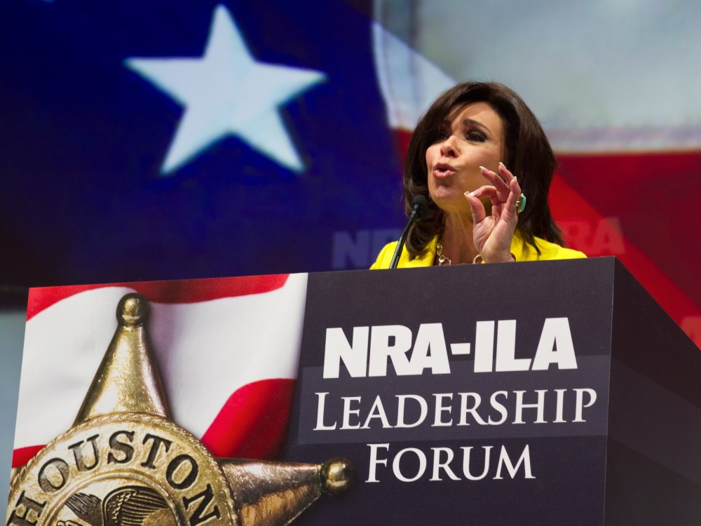 Judge Jeanine Pirro, host of the television program "Justice with Judge Jeanine," addresses the NRA annual Convention May 3, 2013 in Houston, Texas. More than 70,000 members of the nation's premier gun rights organization have flocked to Texas for the...