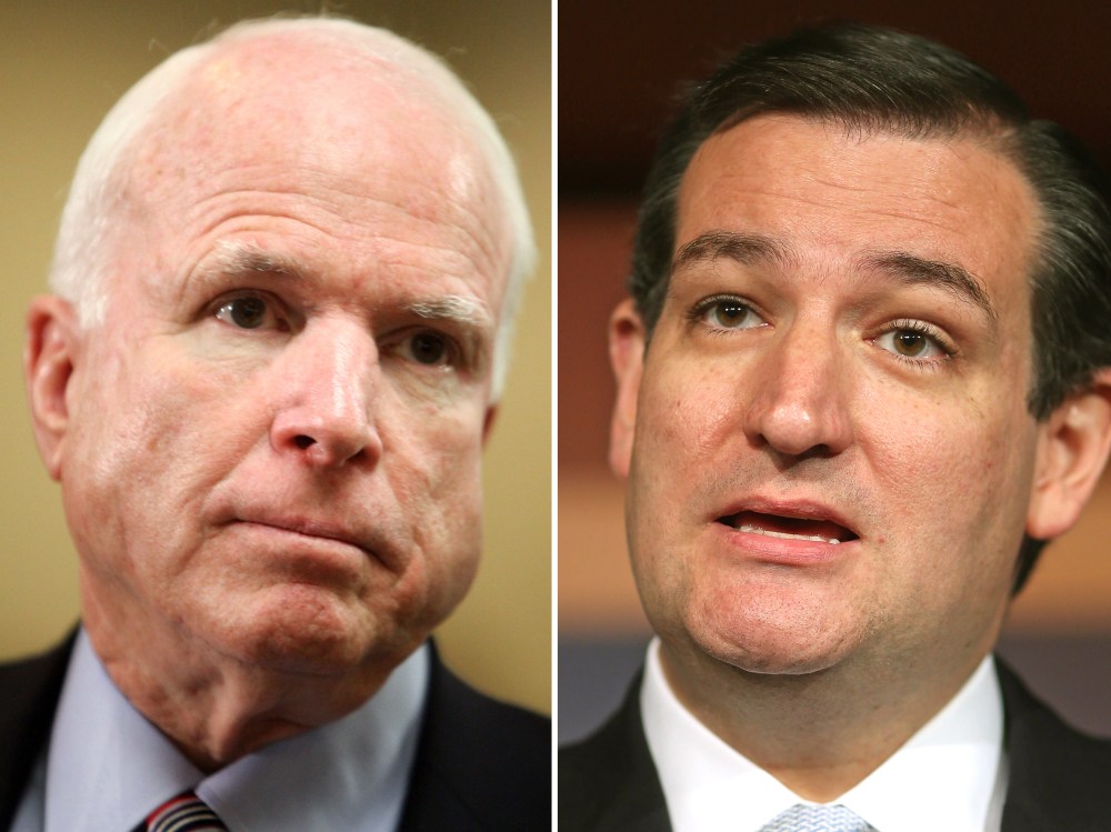 This digital composite shows (L-R) Sen. John McCain (R-AZ) as he speaks to the media  in the U.S. Capitol building May 14, 2013 in Washington, DC. (Photo by Allison Shelley/Getty Images) Sen. Ted Cruz (R-TX) as he holds a news conference at the U.S....