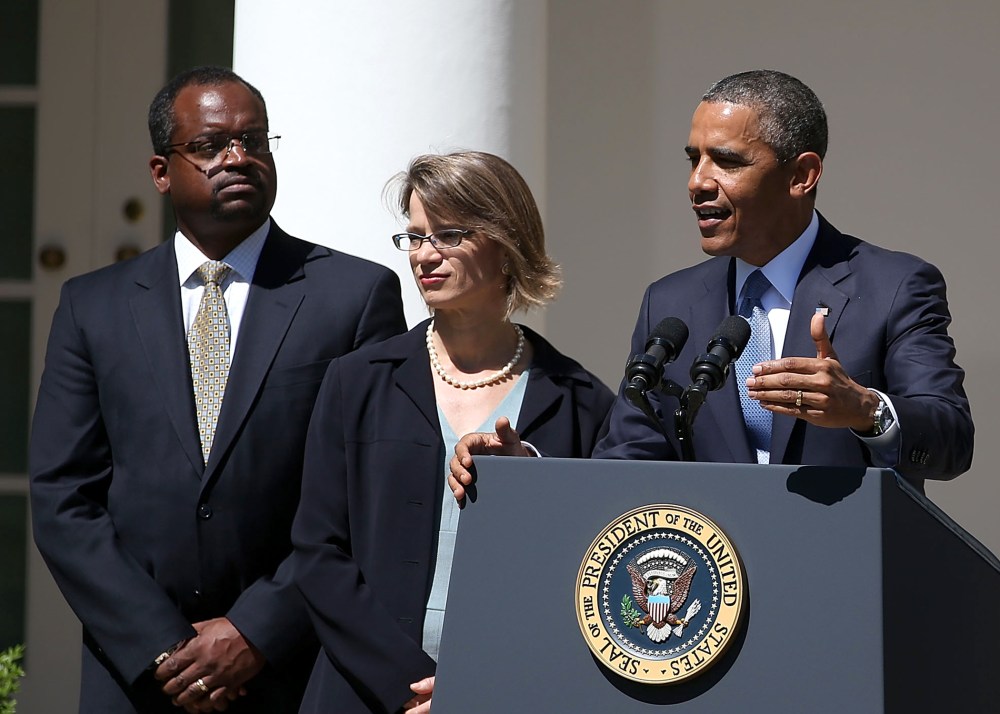U.S. President Barack Obama speaks while nominating Cornelia Pillard, Patricia Millett and Robert Wilkins, to become federal judges.