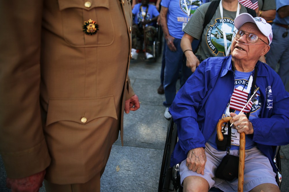 World War II veteran Ted Jafferis (R) visits the World War II Memorial, October 2, 2013.