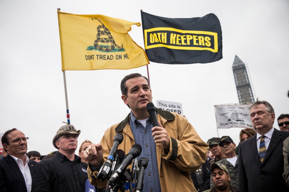 Sen. Ted Cruz speaks at a rally supported by military veterans, Tea Party activists and Republicans, regarding the government shutdown on October 13, 2013 in Washington, DC.
