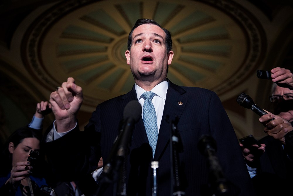 US Senator Ted Cruz speaks to reporters on Capitol Hill on Oct. 16, 2013 in Washington, DC.