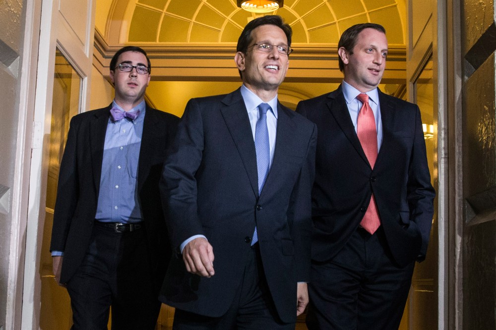 House Majority Leader Eric Cantor arrives at a House Republican meeting at the U.S. Capitol, October 16, 2013 in Washington, DC.