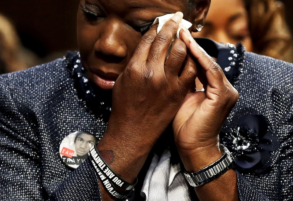 Sybrina Fulton wipes her eyes during a Senate Judiciary Committee hearing on "Stand Your Ground" laws October 29, 2013 in Washington, DC.