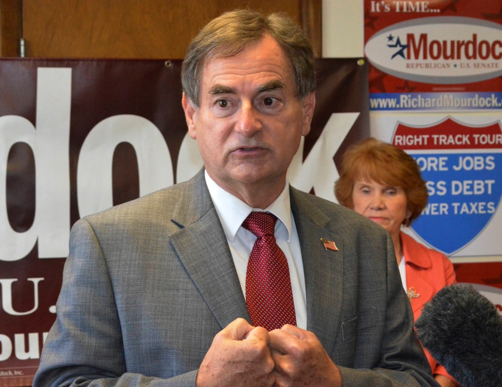 Indiana Republican Richard Mourdock, speaks with volunteers at the Republican "Victory Center" in Jeffersonville, Indiana in this October 3, 2012.