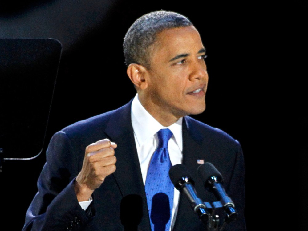 U.S. President Barack Obama will talk about the looming fiscal cliff today. IN the photo above, the president addresses supporters at his election night victory rally in Chicago, November 6, 2012. (Photo by REUTERS/Jim Bourg)