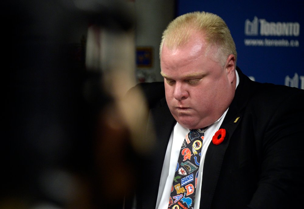 Toronto Mayor Rob Ford pauses as he speaks to the media at Toronto City Hall November 5, 2013.