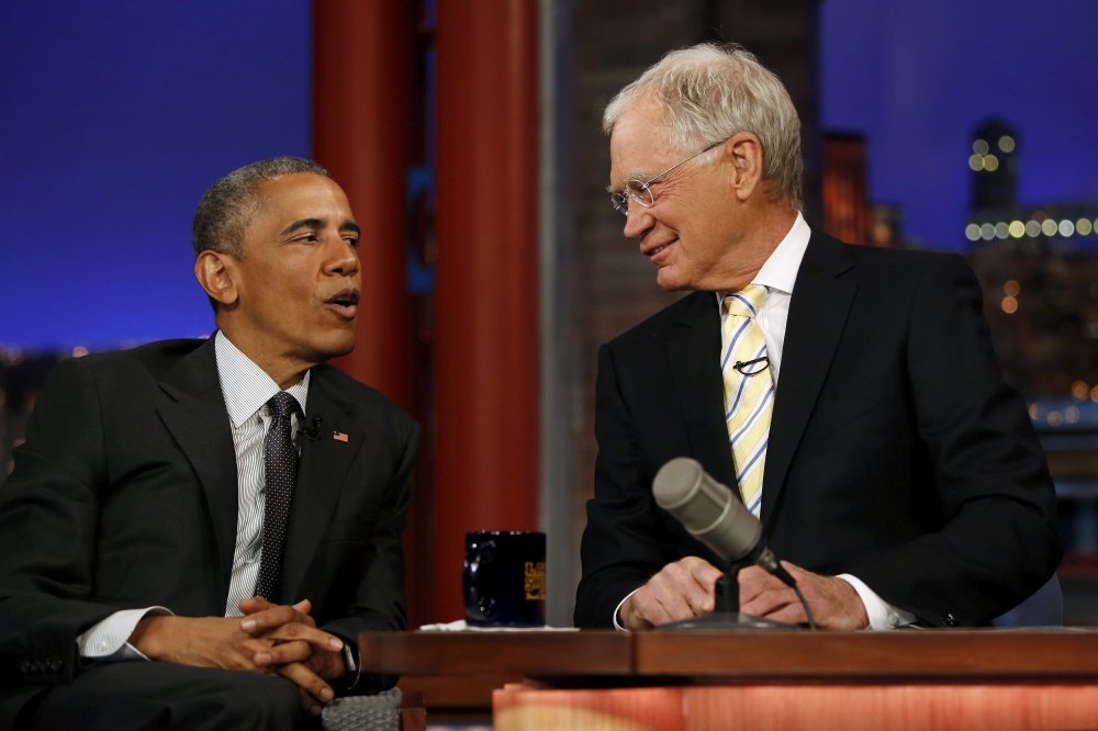 U.S. President Barack Obama tapes an appearance on the Late Show with David Letterman at the Ed Sullivan Theater in New York on May 4, 2015